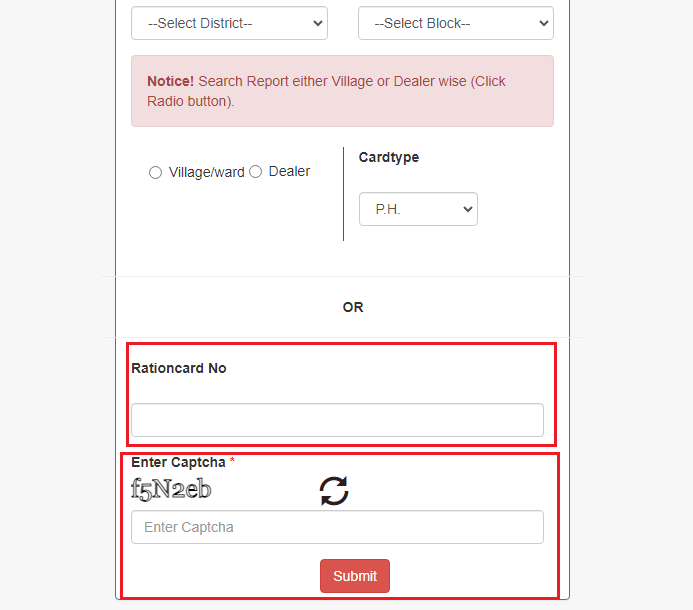 ration card number and captcha